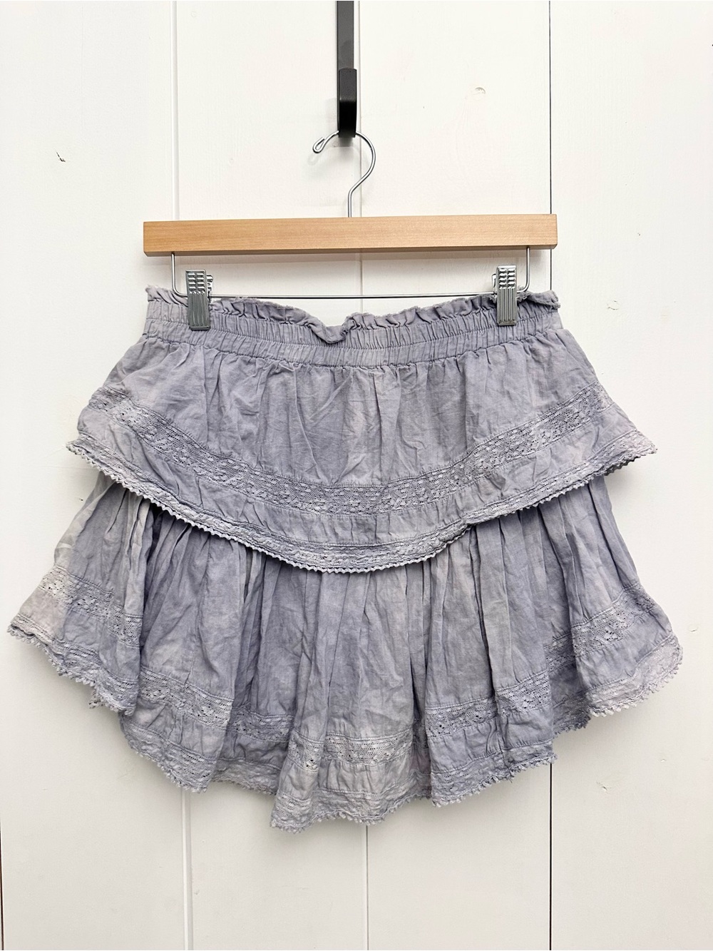 LoveShackFancy Ruffle Mini Skirt In Washed Denim Hand-Dye Size M - Picture 9 of 10